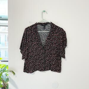 Forever 21 Black & Pink Floral Print Button Up Top Size Small